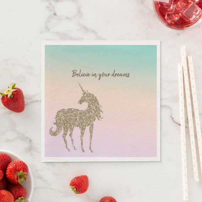 Aqua Peach Purple Pink Tie Dye Glitter Unicorn Napkins (Insitu)