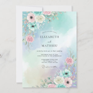 Aqua Peach Ranunculus Eucalyptus Wedding Invitation