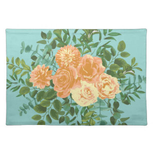Aqua Peach Wedding Floral Roses Cloth Placemat