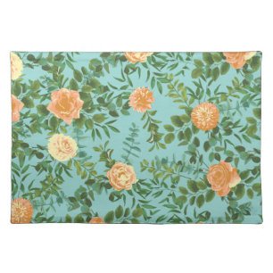Aqua Peach Wedding Floral Roses Cloth Placemat