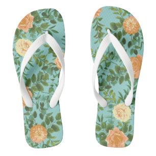 Aqua Peach Wedding Floral Roses Flip Flops