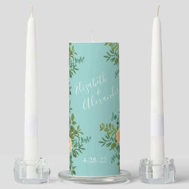 Aqua Peach Wedding Floral Roses Unity Candle Set (Front)