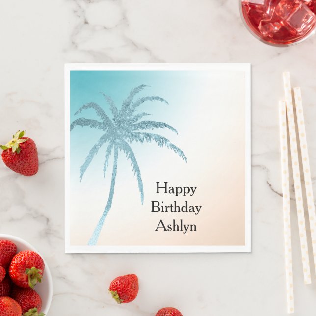  Aqua Peach White Palm Tree Birthday Napkins (Insitu)
