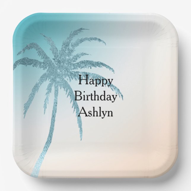  Aqua Peach White Palm Tree Birthday Paper Plates (Front)