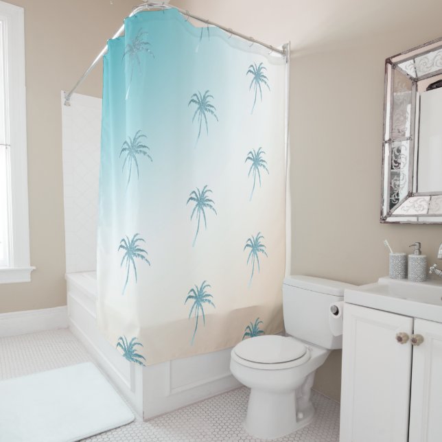  Aqua Peach White Palm Tree Gold Dream           Shower Curtain (In Situ)