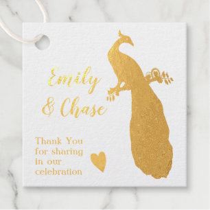 Aqua Peacock Colors Feathers Wedding Foil Favor Tags