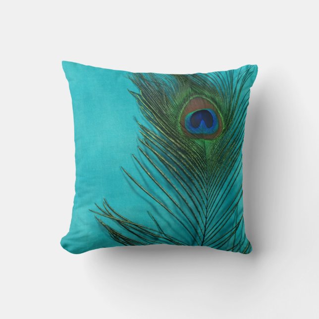 Aqua Peacock Feather Still Life Throw Pillow (Front)
