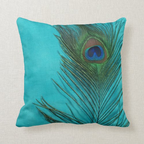 Aqua Peacock Feather Still Life Throw Pillow