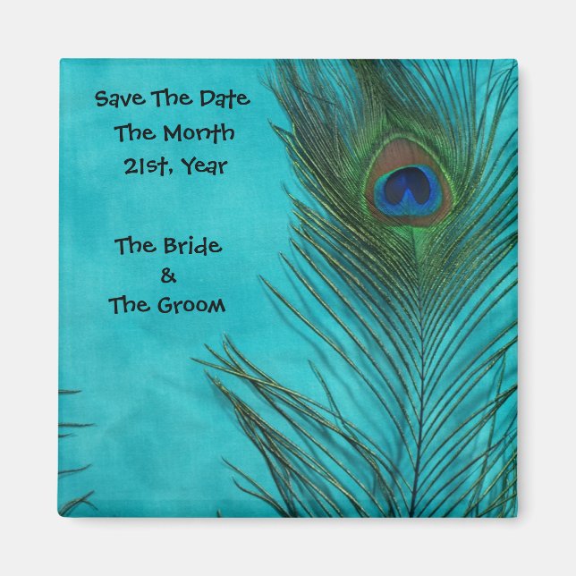 Aqua Peacock Feathers Wedding Magnets (Front)