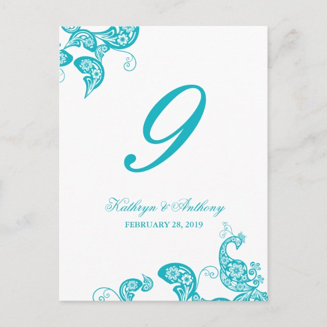 Aqua Peacock Floral Paisley Wedding Table Number (Front)