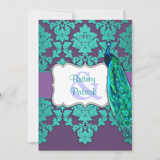 Aqua Peacock & Purple Damask Wedding Invitations (Front)