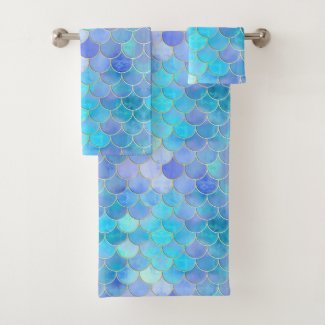 Aqua Pearlescent & Gold Mermaid Scale Pattern Bath Towel Set