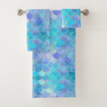 Aqua Pearlescent &amp; Gold Mermaid Scale Pattern Bath Towel Set