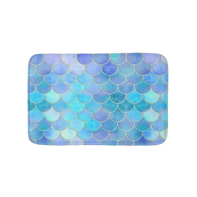 Aqua Pearlescent & Gold Mermaid Scale Pattern Bathroom Mat (Front)