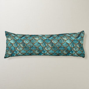 Aqua Pearlescent & Gold Mermaid Scale Pattern Body Pillow