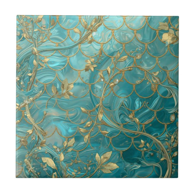 Aqua Pearlescent & Gold Mermaid Scale Pattern  Ceramic Tile (Front)