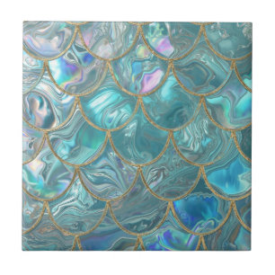 Aqua Pearlescent & Gold Mermaid Scale Pattern Ceramic Tile
