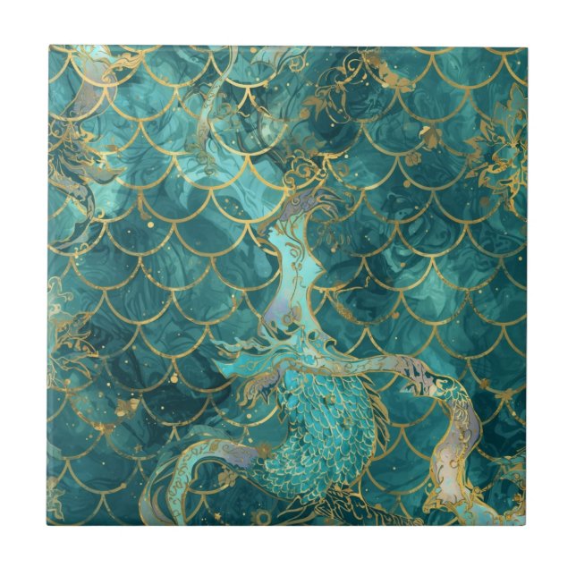 Aqua Pearlescent & Gold Mermaid Scale Pattern  Ceramic Tile (Front)
