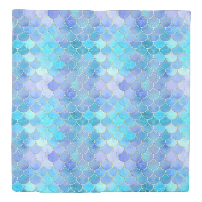 Aqua Pearlescent & Gold Mermaid Scale Pattern Duvet Cover (Front)