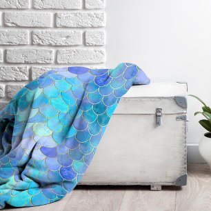 Aqua Pearlescent & Gold Mermaid Scale Pattern Fleece Blanket