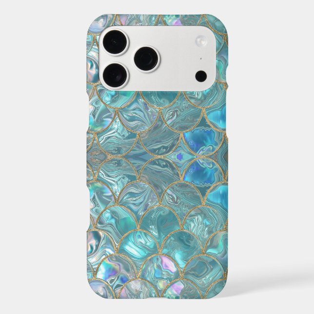 Aqua Pearlescent & Gold Mermaid Scale Pattern  iPhone Case (Back)