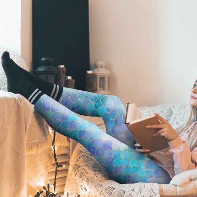 Aqua Pearlescent & Gold Mermaid Scale Pattern Leggings (Aqua Pearlescent Mermaid Scale Pattern Leggings)