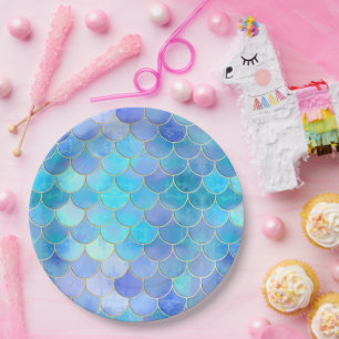 Aqua Pearlescent & Gold Mermaid Scale Pattern Paper Plates