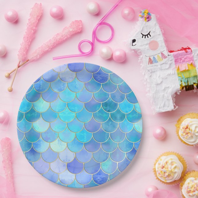 Aqua Pearlescent & Gold Mermaid Scale Pattern Paper Plates (Party)