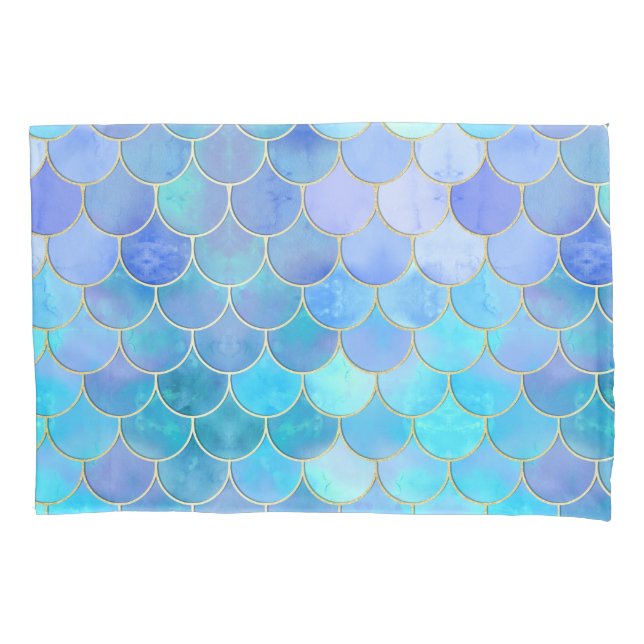 Aqua Pearlescent & Gold Mermaid Scale Pattern Pillow Case (Front)