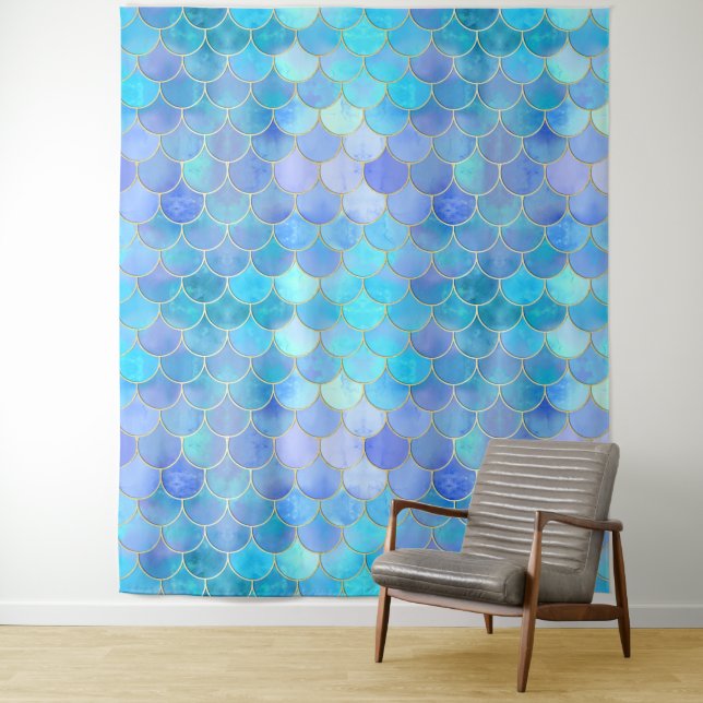 Aqua Pearlescent & Gold Mermaid Scale Pattern Tapestry (In Situ)