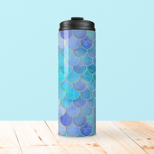 Aqua Pearlescent  Gold Mermaid Scale Pattern Thermal Tumbler