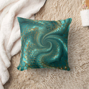 Aqua Pearlescent & Gold Mermaid Scale Pattern Throw Pillow
