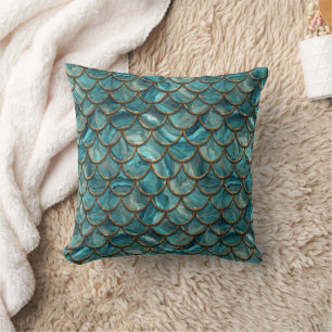 Aqua Pearlescent & Gold Mermaid Scale Pattern Throw Pillow