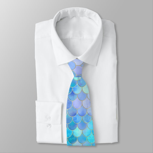 Aqua Pearlescent & Gold Mermaid Scale Pattern Tie (Tied)