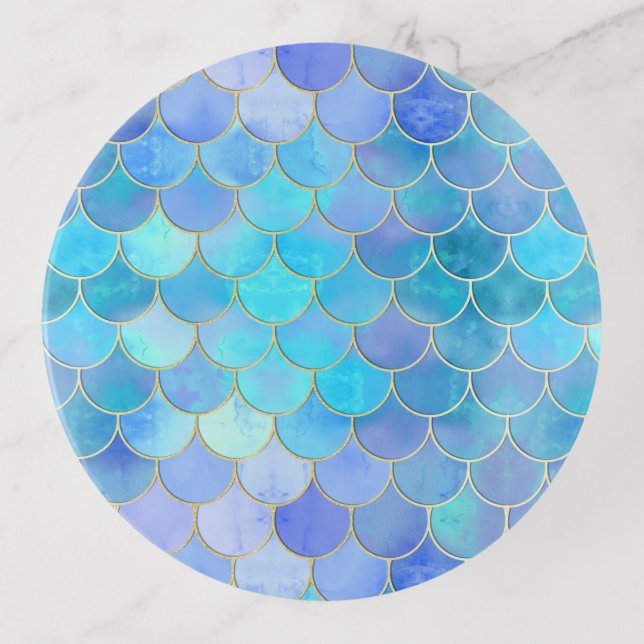 Aqua Pearlescent & Gold Mermaid Scale Pattern Trinket Tray (Front)