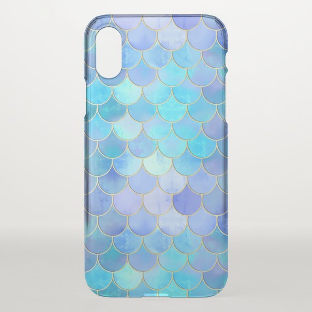 Aqua Pearlescent & Gold Mermaid Scale Pattern Uncommon iPhone Case (Back)