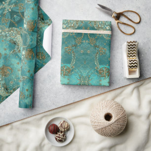 Aqua Pearlescent & Gold Mermaid Scale Pattern Wrapping Paper