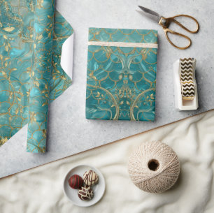 Aqua Pearlescent & Gold Mermaid Scale Pattern Wrapping Paper