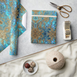Aqua Pearlescent & Gold Mermaid Scale Pattern Wrapping Paper