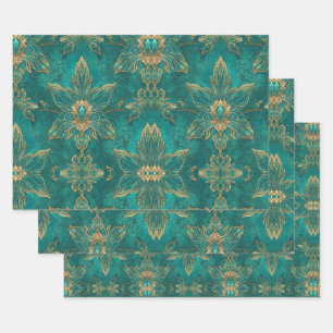 Aqua Pearlescent & Gold Mermaid Scale Pattern Wrapping Paper Sheets