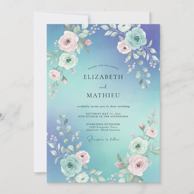 Aqua Periwinkle Blossom Wedding Invitation (Front)