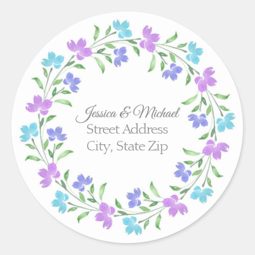 Aqua Periwinkle Purple Watercolor Floral Wreath Classic Round Sticker