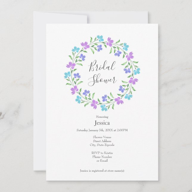 Aqua, Periwinkle, Purple Watercolor Floral Wreath Invitation (Front)
