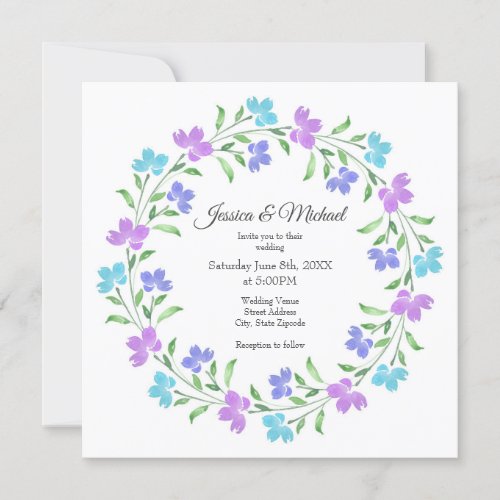 Aqua Periwinkle Purple Watercolor Floral Wreath Invitation