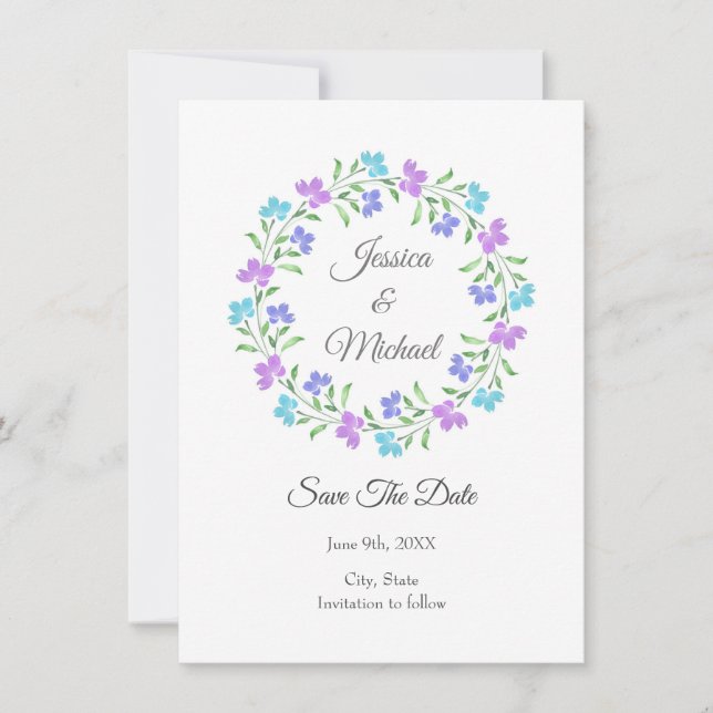 Aqua, Periwinkle, Purple Watercolor Floral Wreath Save The Date (Front)