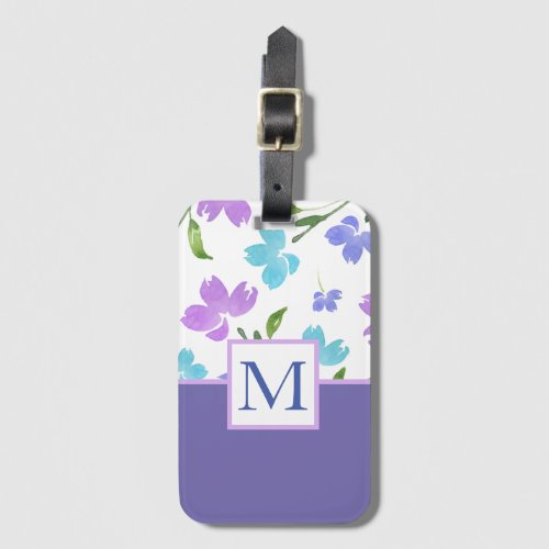 Aqua Periwinkle Purple Watercolor Flower Stems Luggage Tag