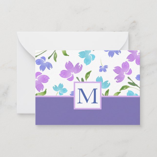 Aqua Periwinkle Purple Watercolor Flower Stems Note Card (Front)