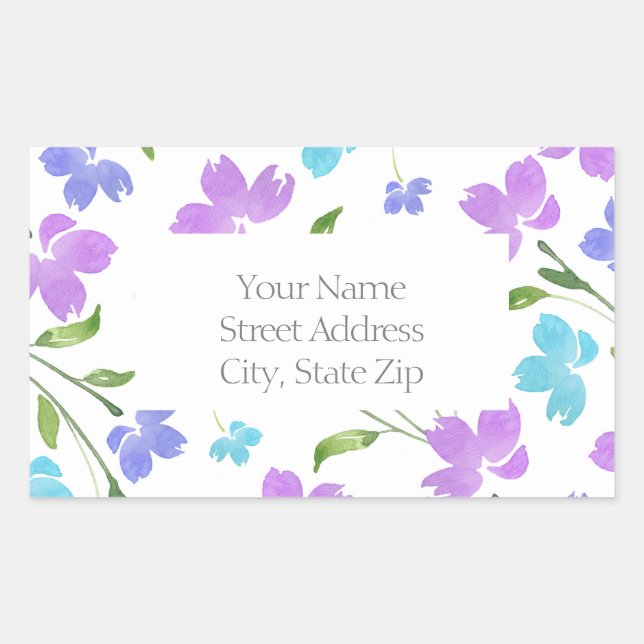 Aqua Periwinkle Purple Watercolor Flower Stems Rectangular Sticker (Front)