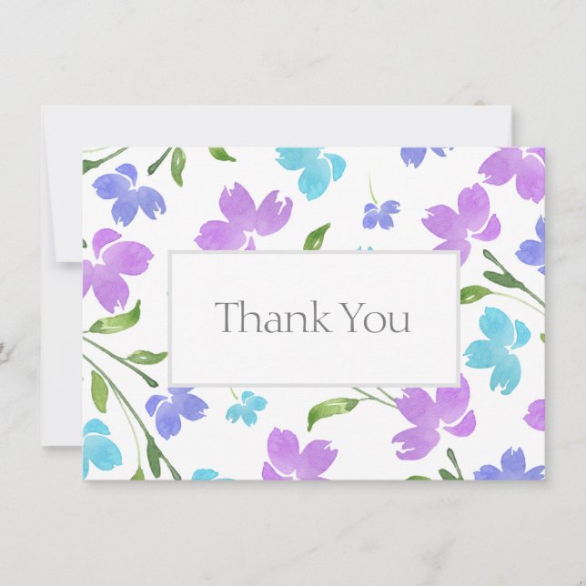 Aqua Periwinkle Purple Watercolor Flower Stems  Thank You Card (Front)