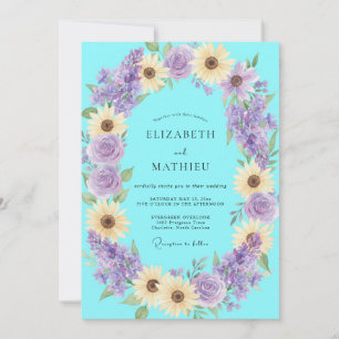 Aqua Periwinkle Sunflower Eucalyptus Wedding Invitation